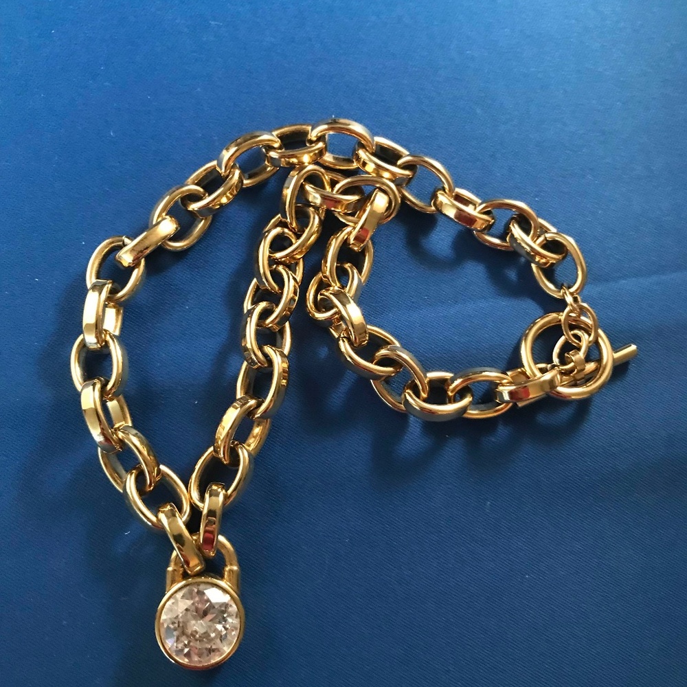 Vintage Michael Kors Gold Tone Linked Chain Necklace With Crystal Pendant